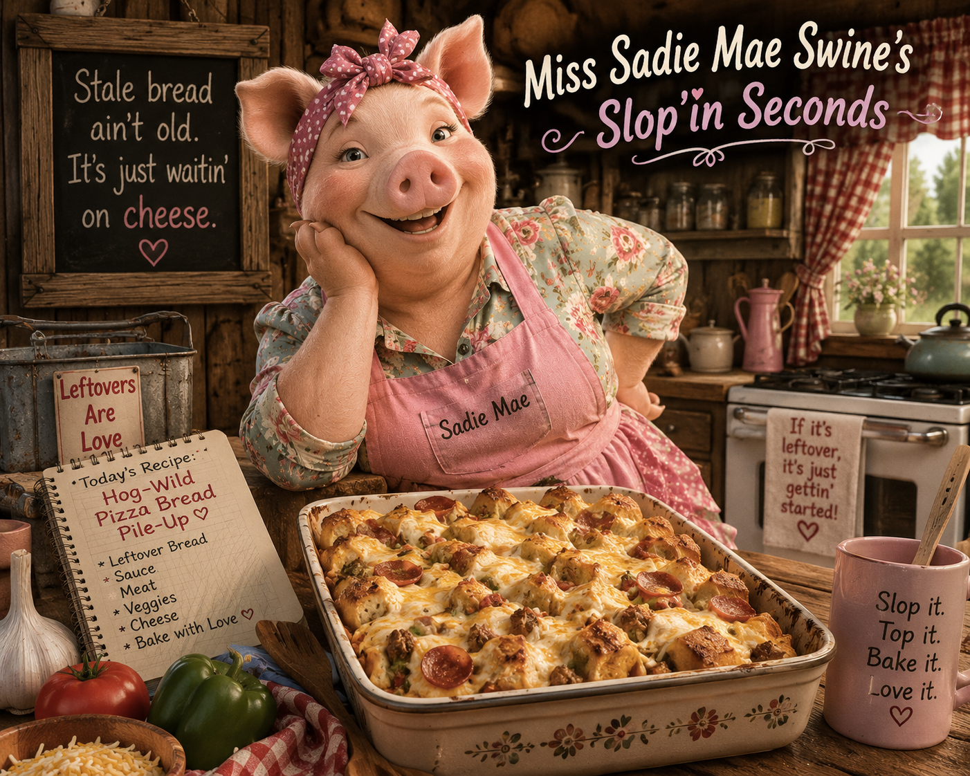 Miss Sadie Mae Swine’s Slop’in Seconds ~ Hog-Wild Pizza Bread Pile-Up